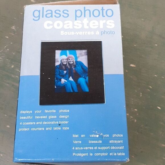 Glass Photo Coasters Set of 4 with Solid Wood Holder NIB - Picture 4 of 7